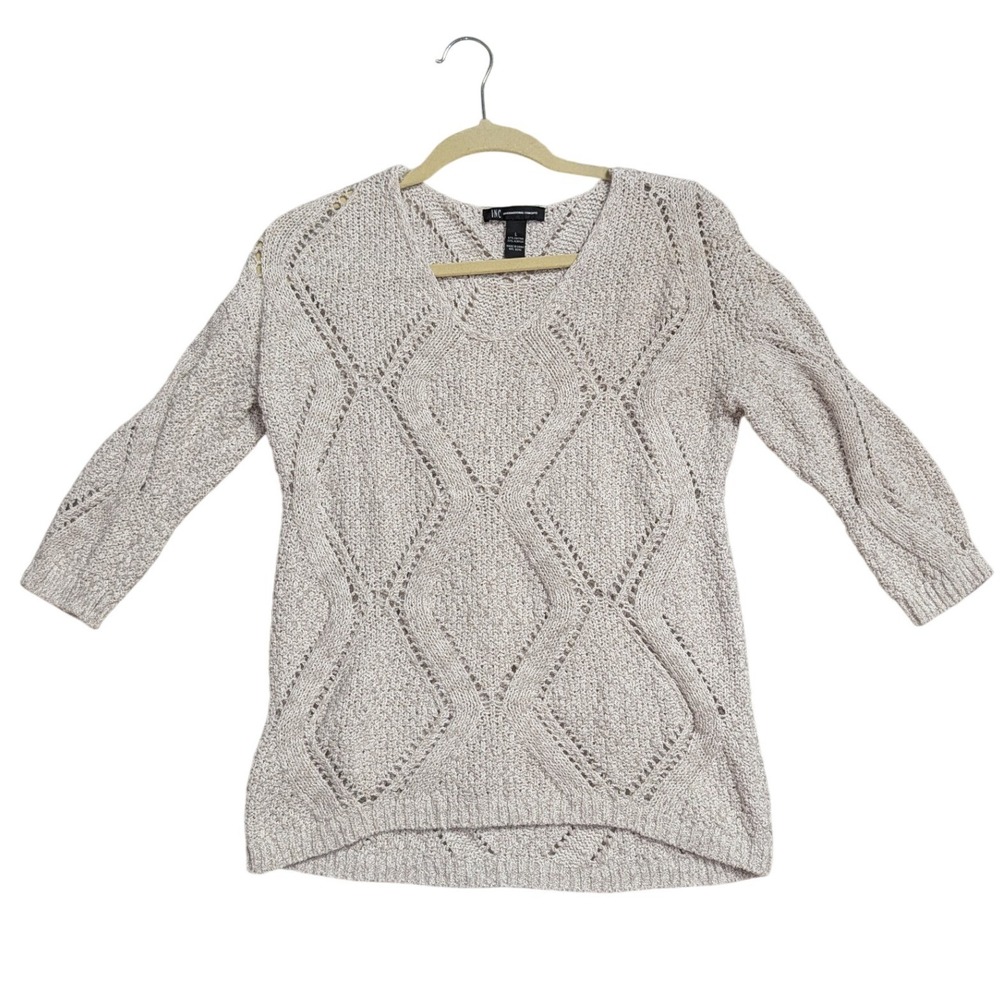 INC International Concepts Beige Diamond Pointelle V-Neck Sweater Womens Large